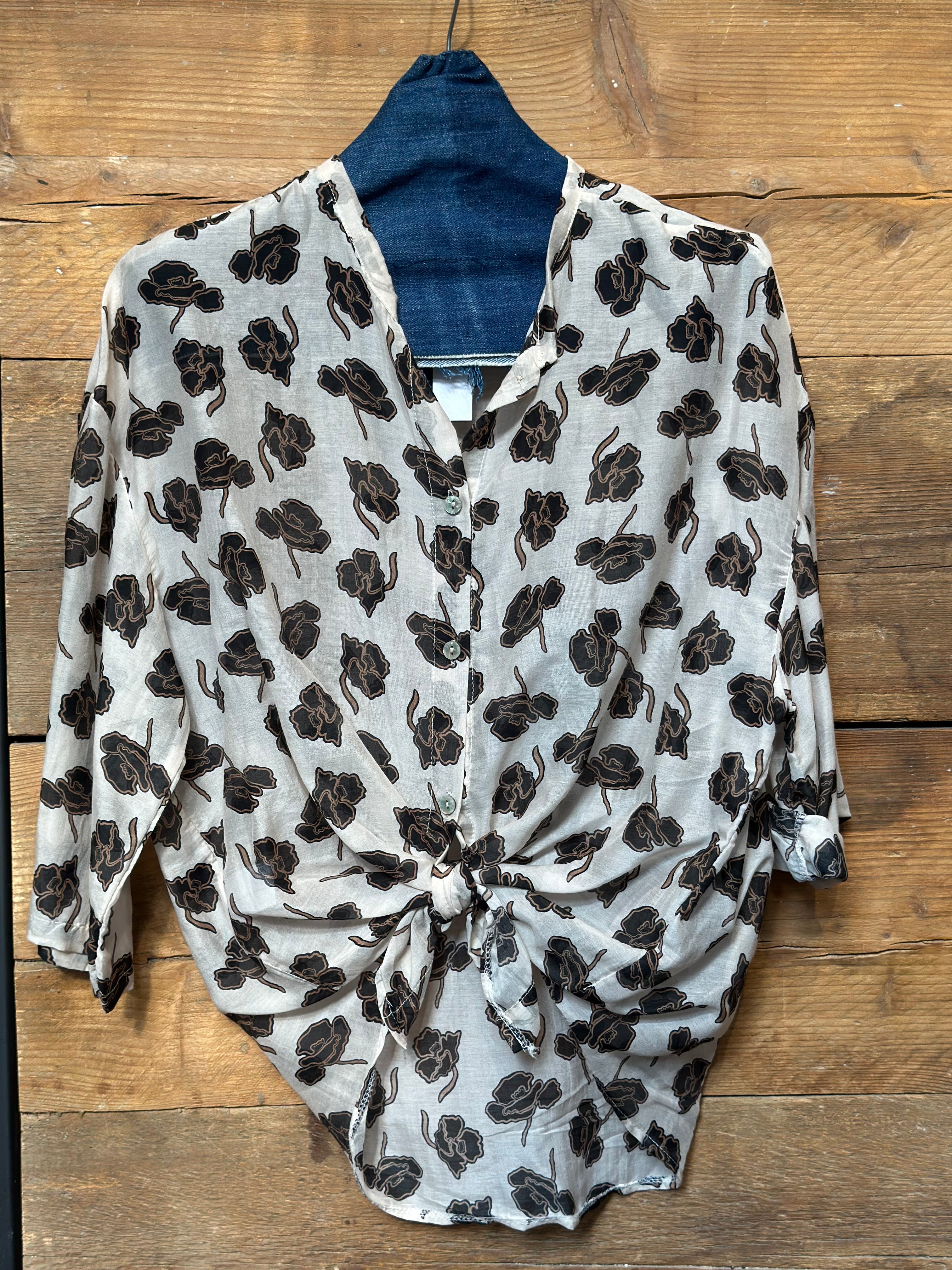 Camicia Mussola Fiori Beige/Nero _ MI.LE. for soku
