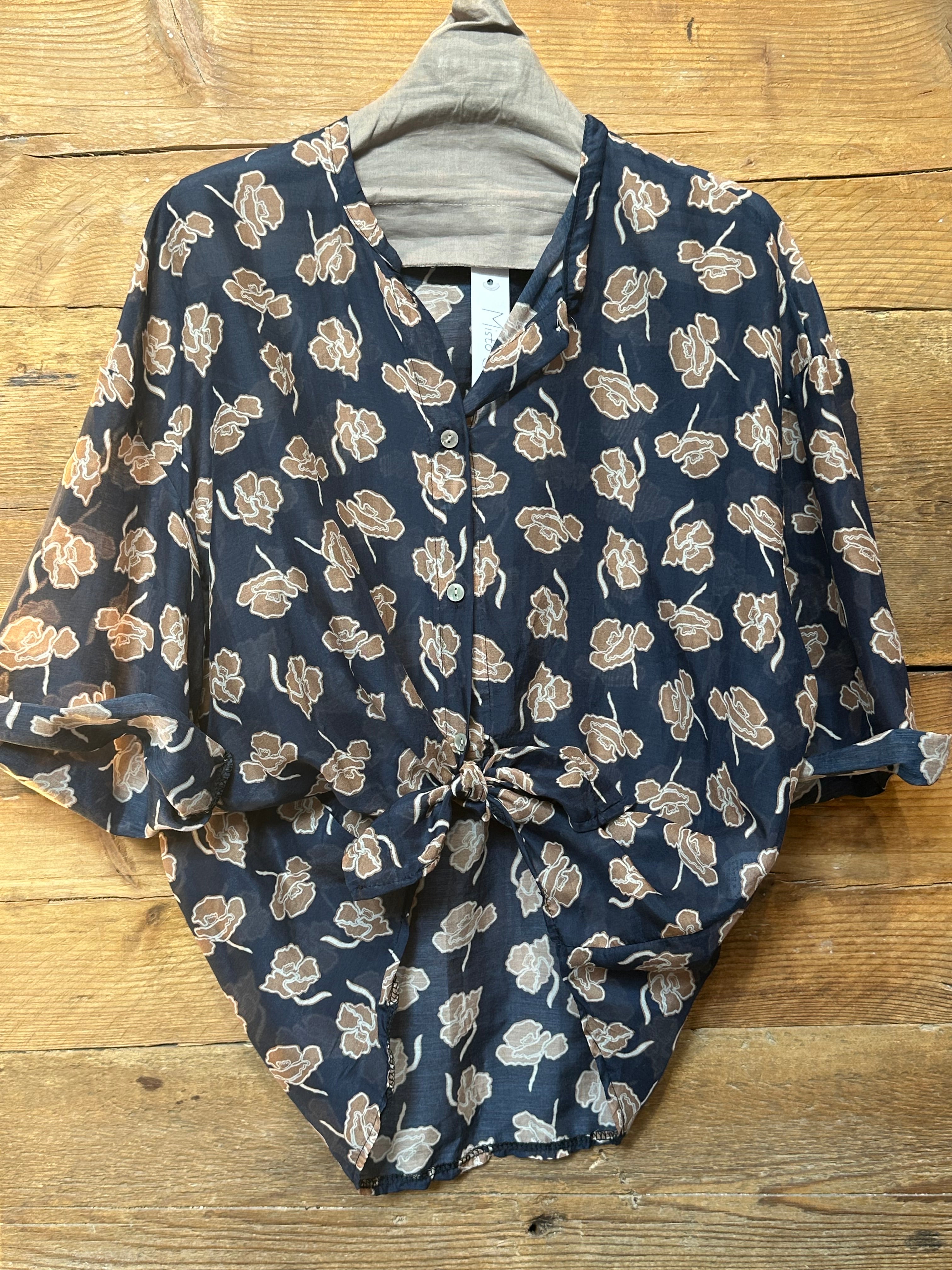 Camicia Mussola Fiori Blu/Cuoio _ MI.LE: for soku